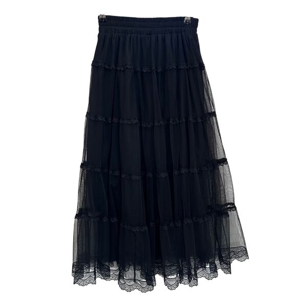 Whimsygoth Black Lace A-Line Layered Midi Skirt - XS - Medium High Rise Tiered - Picture 1 of 4